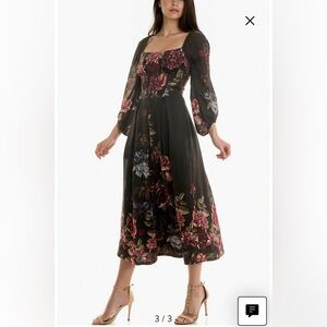 Long Sleeve Smocked Back Panel Midi Dress